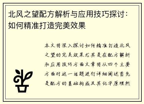 北风之望配方解析与应用技巧探讨：如何精准打造完美效果